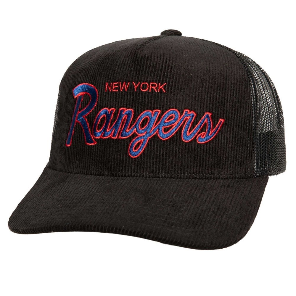 New York Rangers Mitchell & Ness Times Up Classic Script Cord Trucker Adjustable